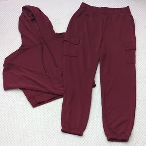 Happily Grey Modal Velour Cropped Hoodie And High Waisted Cargo Jogger Set